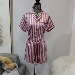 Striped Satin Short Sleeve Pajama Set - Pink